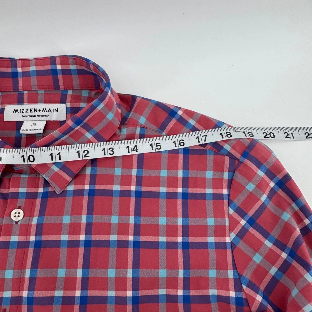 Mizzen + Main Button Down Mens XL Red Plaid Trim Fit Performance Stretch Shirt
